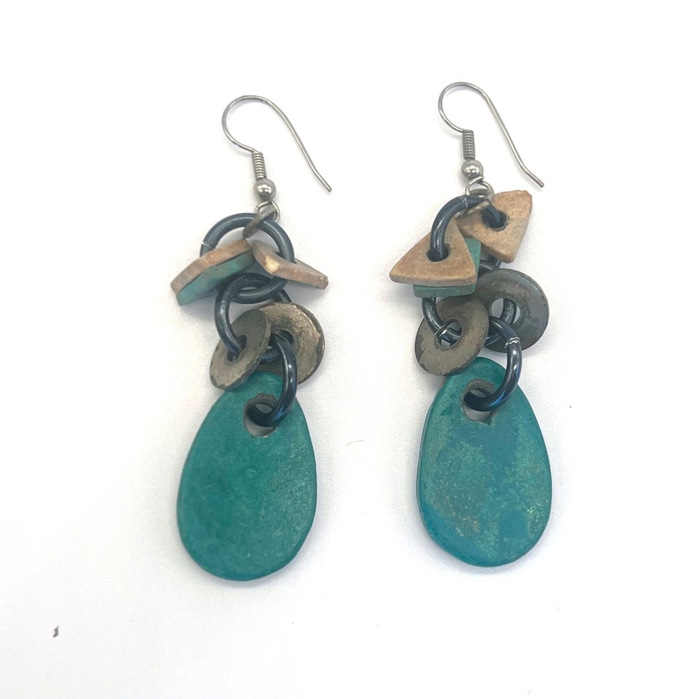 Dangle Teal Stone & Metal Earrings Costume Boho Geometric‎ Modernist